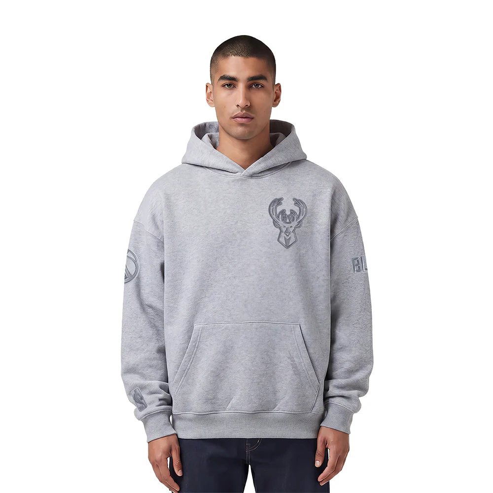 NBA MILWAUKEE BUCKS NEUTRAL MEN'S DROP SHOULDER PULLOVER HOODIE (DARK HEATHER GRAY)