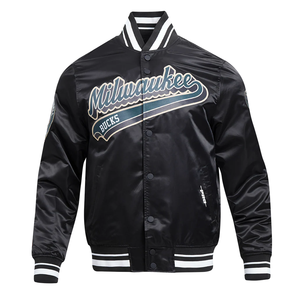 NBA MILWAUKEE BUCKS SCRIPT TAIL MEN'S SATIN JACKET (BLACK)