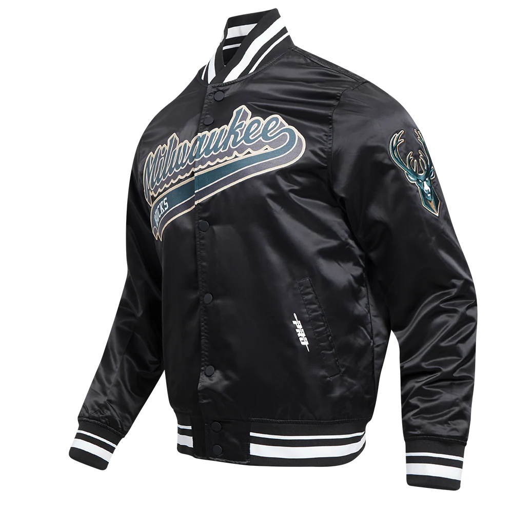 NBA MILWAUKEE BUCKS SCRIPT TAIL MEN'S SATIN JACKET (BLACK) - Image 2