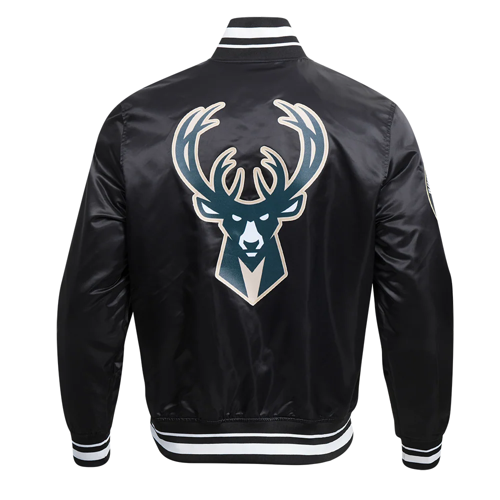 NBA MILWAUKEE BUCKS SCRIPT TAIL MEN'S SATIN JACKET (BLACK) - Image 3
