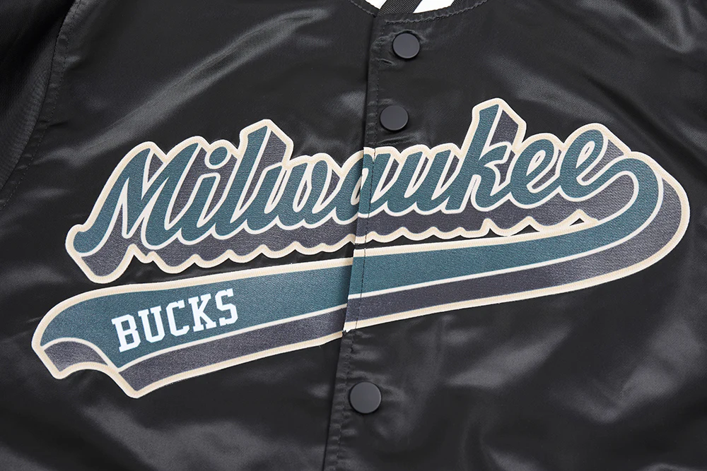 NBA MILWAUKEE BUCKS SCRIPT TAIL MEN'S SATIN JACKET (BLACK) - Image 8