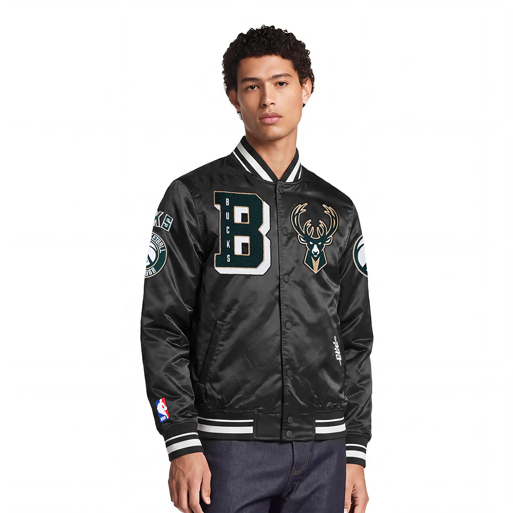 NBA MILWAUKEE BUCKS MASHUP MEN'S RIB SATIN JACKET (BLACK)