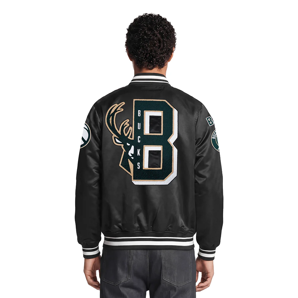 NBA MILWAUKEE BUCKS MASHUP MEN'S RIB SATIN JACKET (BLACK) - Image 2