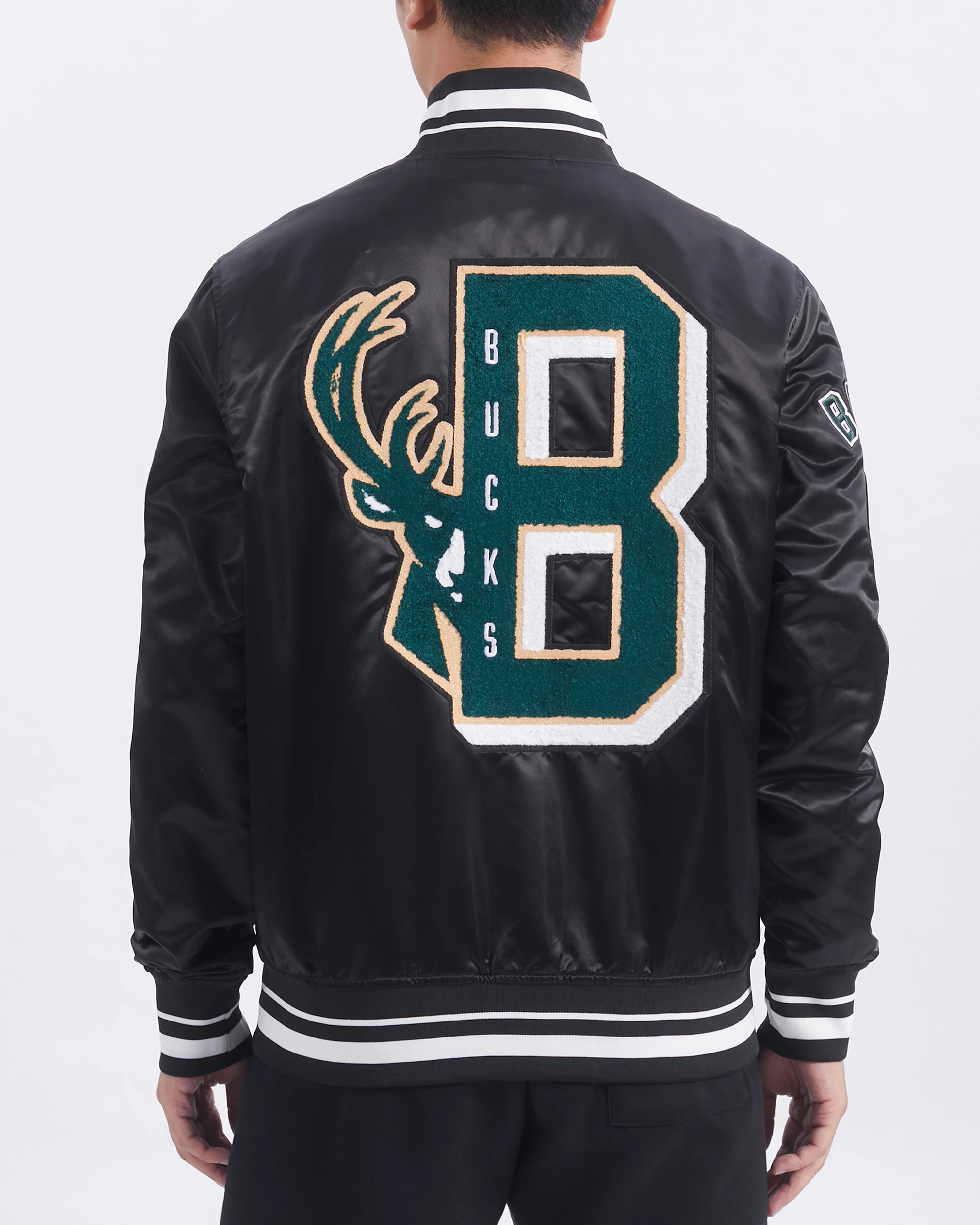 NBA MILWAUKEE BUCKS MASHUP MEN'S RIB SATIN JACKET (BLACK) - Image 3
