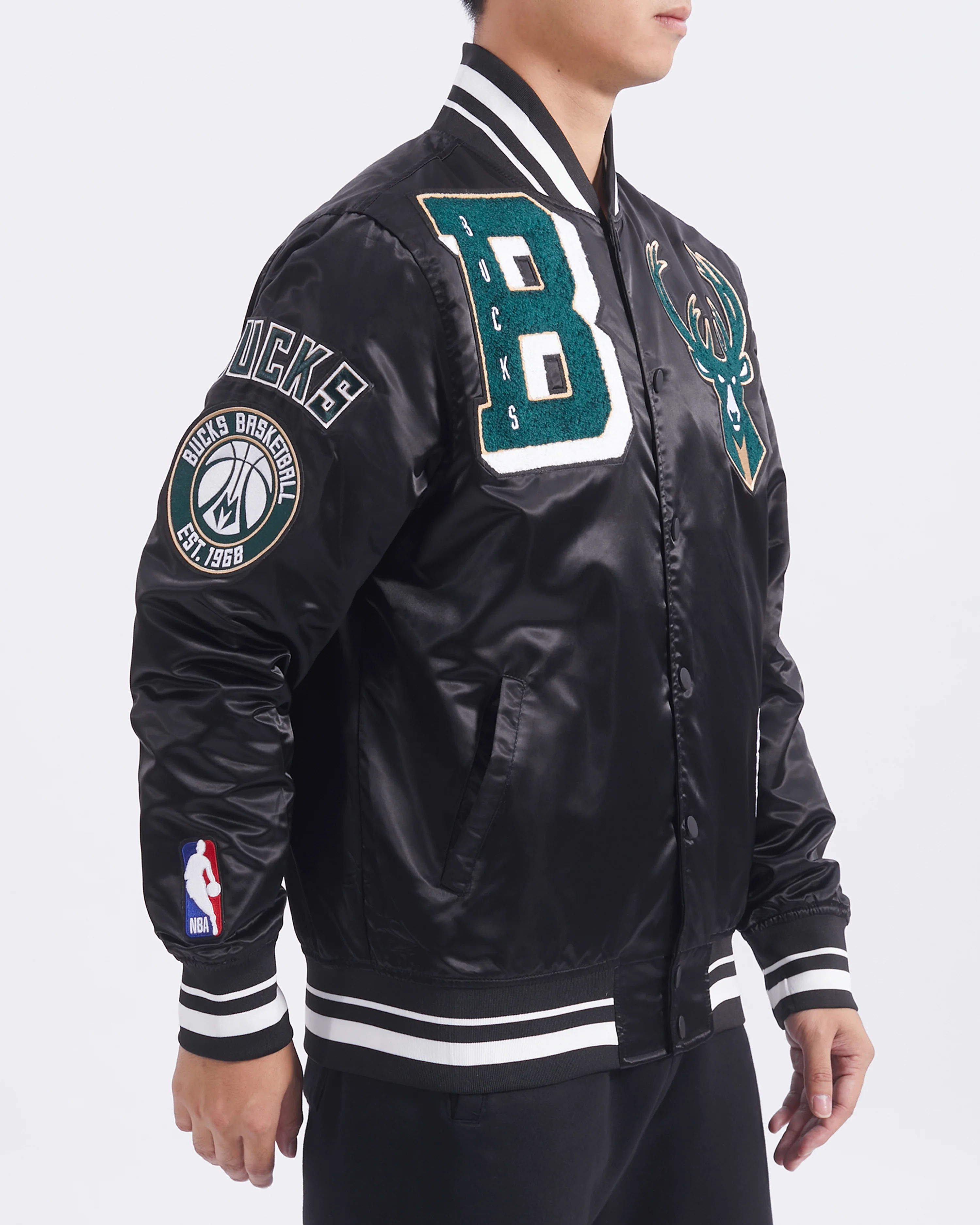 NBA MILWAUKEE BUCKS MASHUP MEN'S RIB SATIN JACKET (BLACK) - Image 4