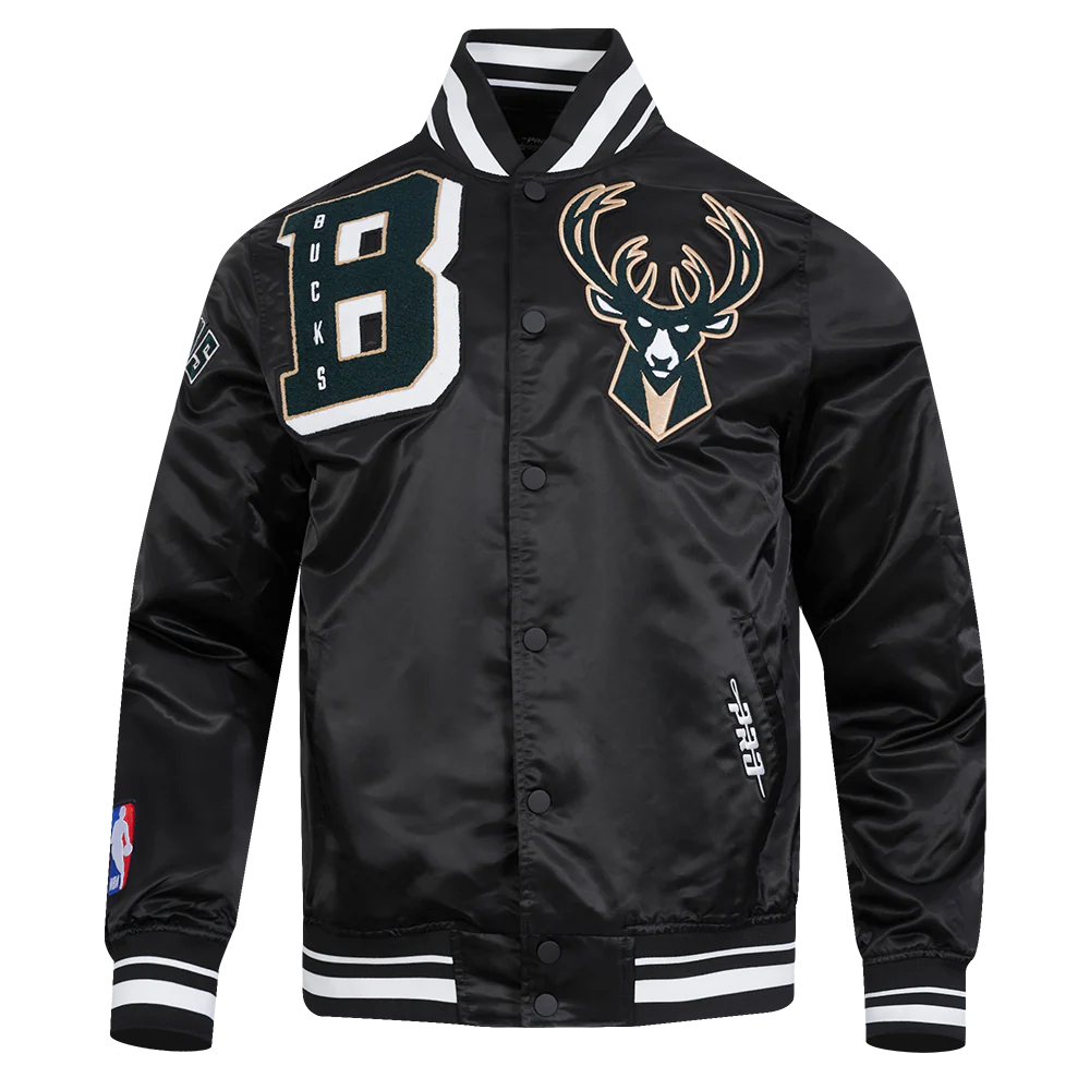 NBA MILWAUKEE BUCKS MASHUP MEN'S RIB SATIN JACKET (BLACK) - Image 5