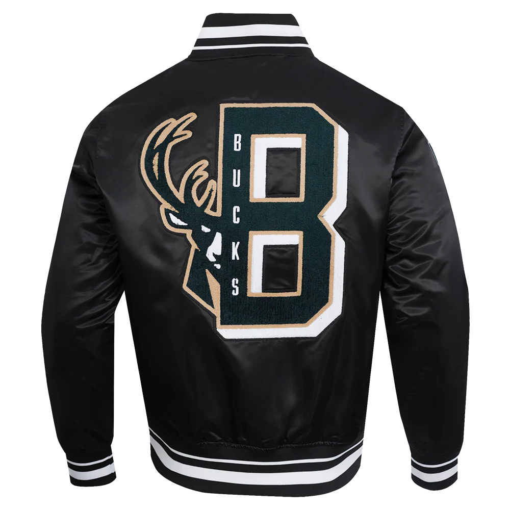 NBA MILWAUKEE BUCKS MASHUP MEN'S RIB SATIN JACKET (BLACK) - Image 7