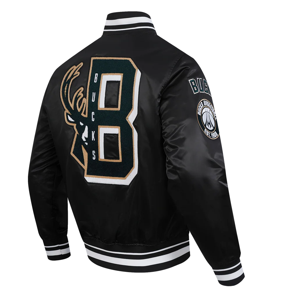 NBA MILWAUKEE BUCKS MASHUP MEN'S RIB SATIN JACKET (BLACK) - Image 8