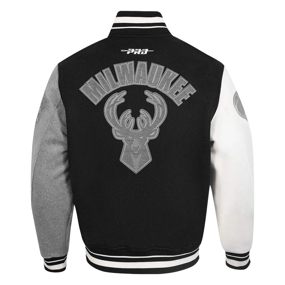 NBA MILWAUKEE BUCKS REVERSE FRENCH TERRY MEN'S COLOR BLOCK WOOL VARSITY JACKET (BLACK/GRAY/EGGSHELL) - Image 2