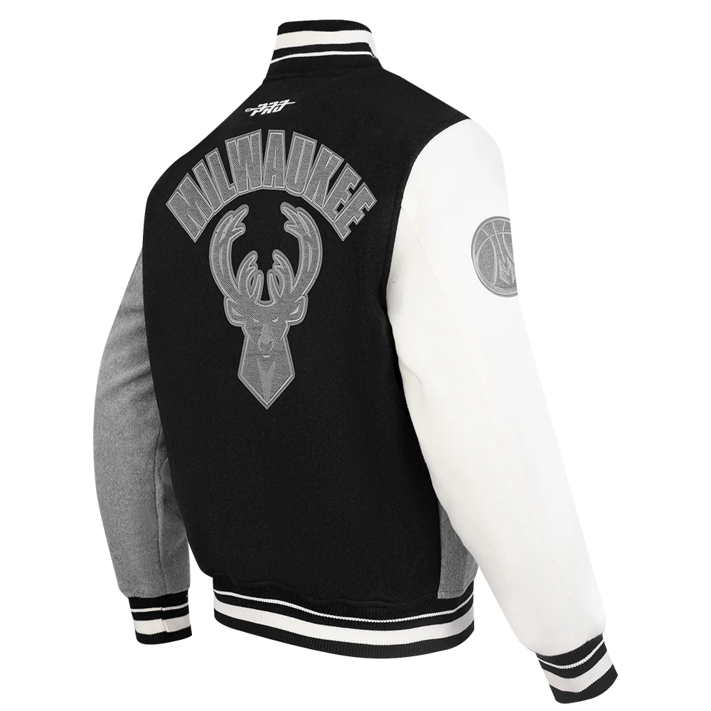NBA MILWAUKEE BUCKS REVERSE FRENCH TERRY MEN'S COLOR BLOCK WOOL VARSITY JACKET (BLACK/GRAY/EGGSHELL) - Image 3