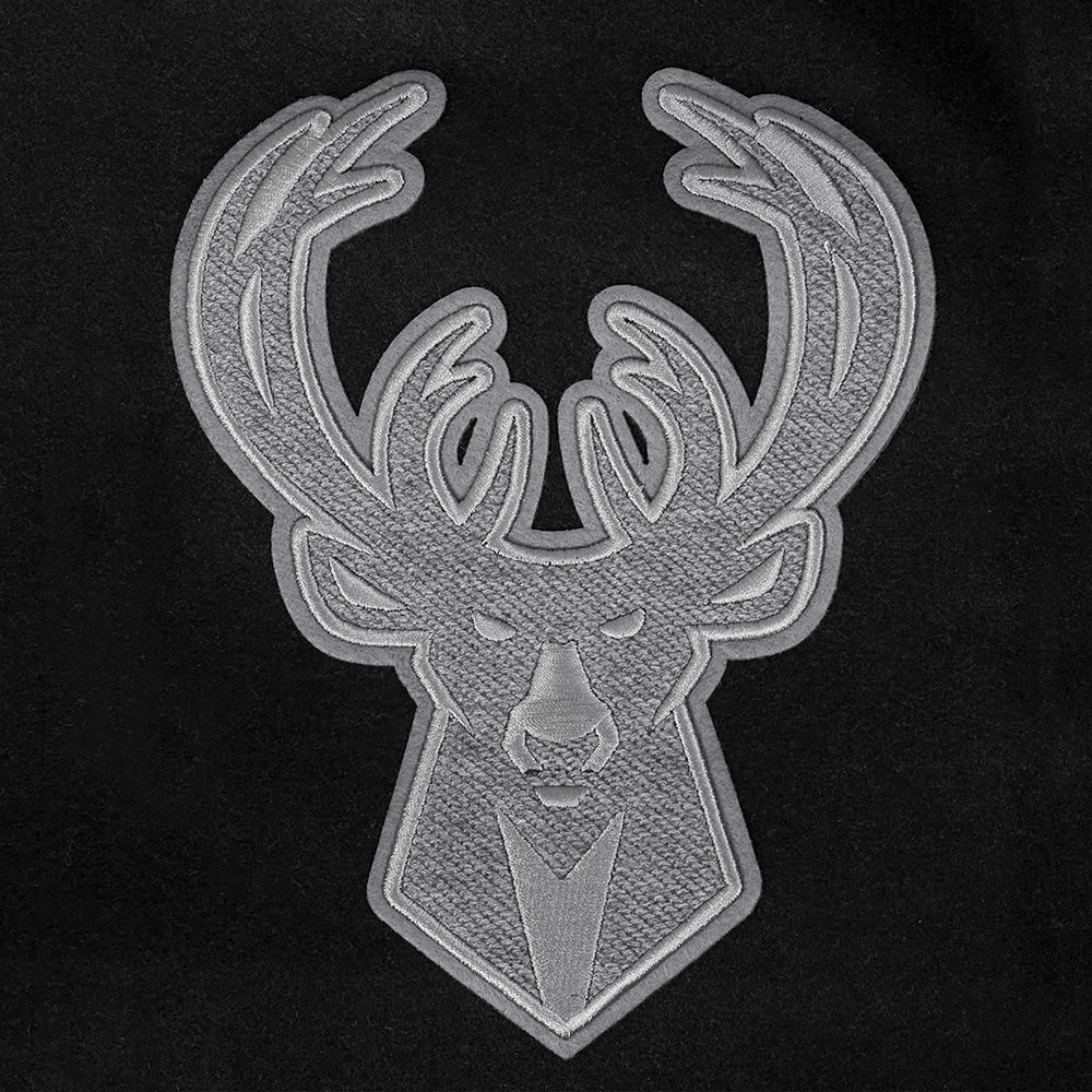 NBA MILWAUKEE BUCKS REVERSE FRENCH TERRY MEN'S COLOR BLOCK WOOL VARSITY JACKET (BLACK/GRAY/EGGSHELL) - Image 5