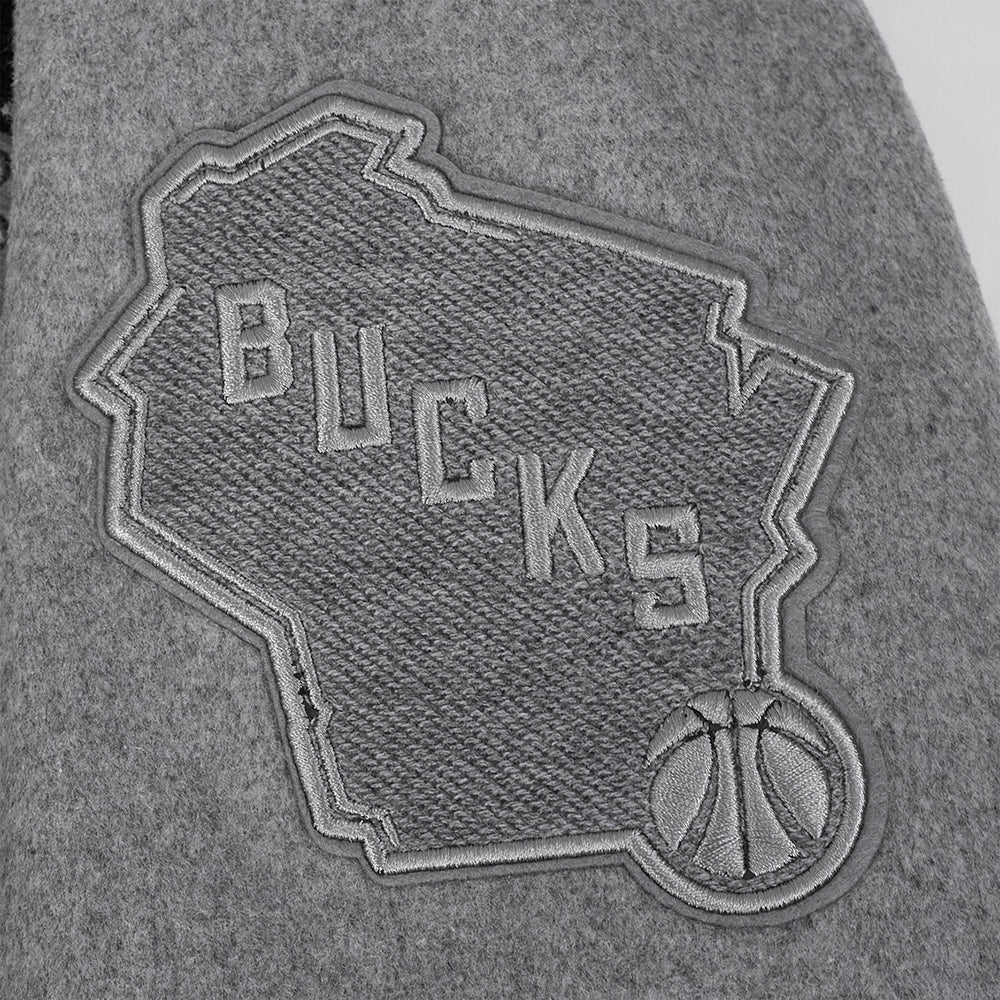 NBA MILWAUKEE BUCKS REVERSE FRENCH TERRY MEN'S COLOR BLOCK WOOL VARSITY JACKET (BLACK/GRAY/EGGSHELL) - Image 6