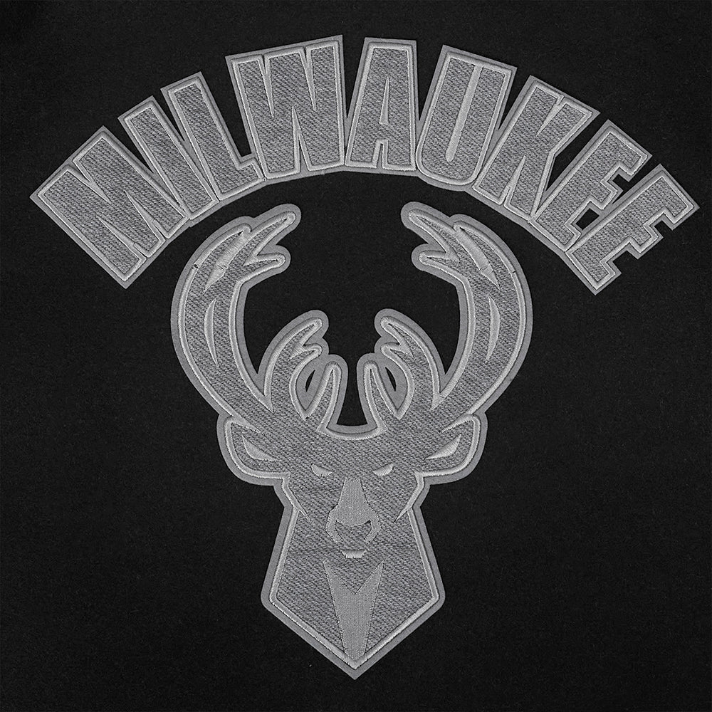 NBA MILWAUKEE BUCKS REVERSE FRENCH TERRY MEN'S COLOR BLOCK WOOL VARSITY JACKET (BLACK/GRAY/EGGSHELL) - Image 8