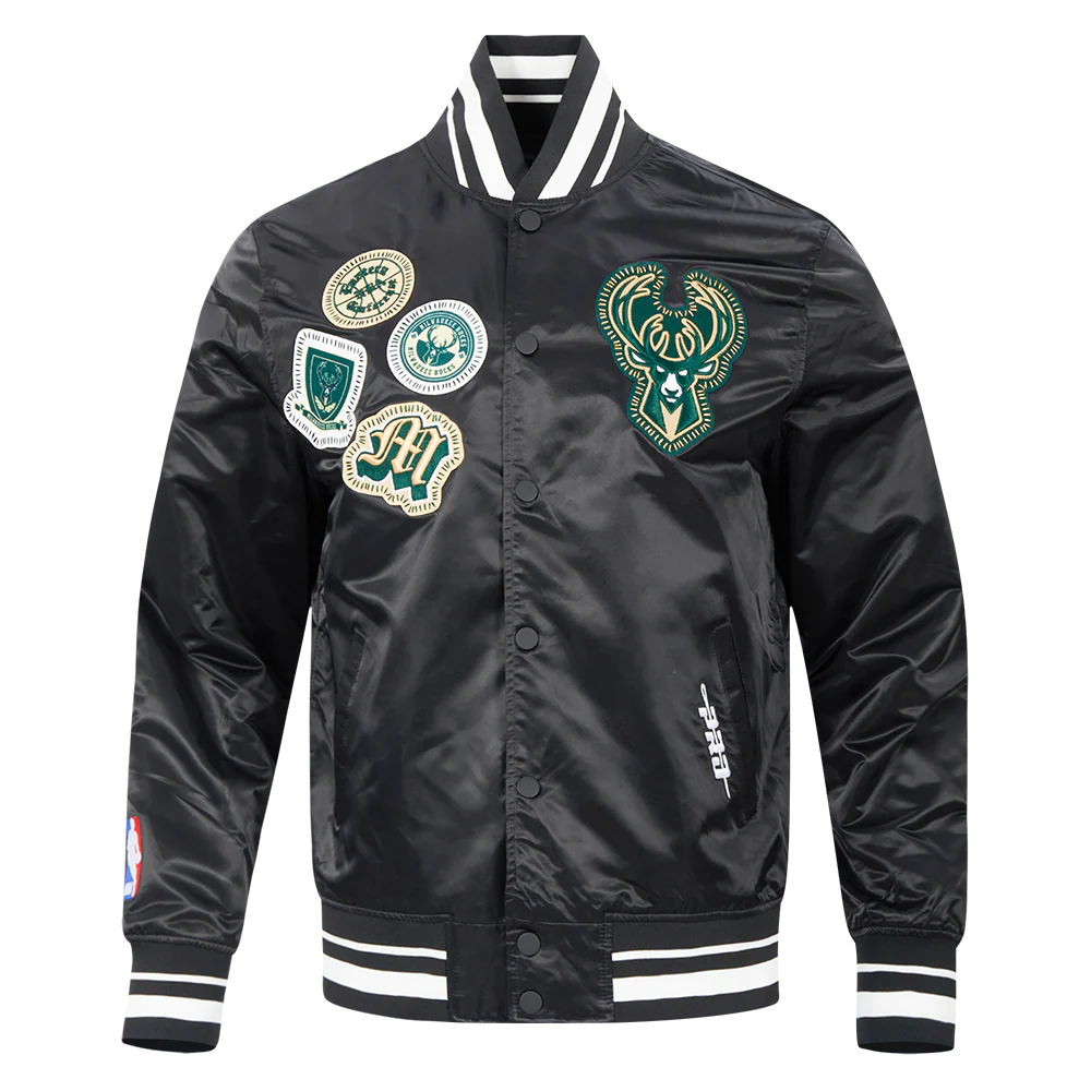 NBA MILWAUKEE BUCKS DIY PICK STITCH MEN'S RIB SATIN JACKET (BLACK)