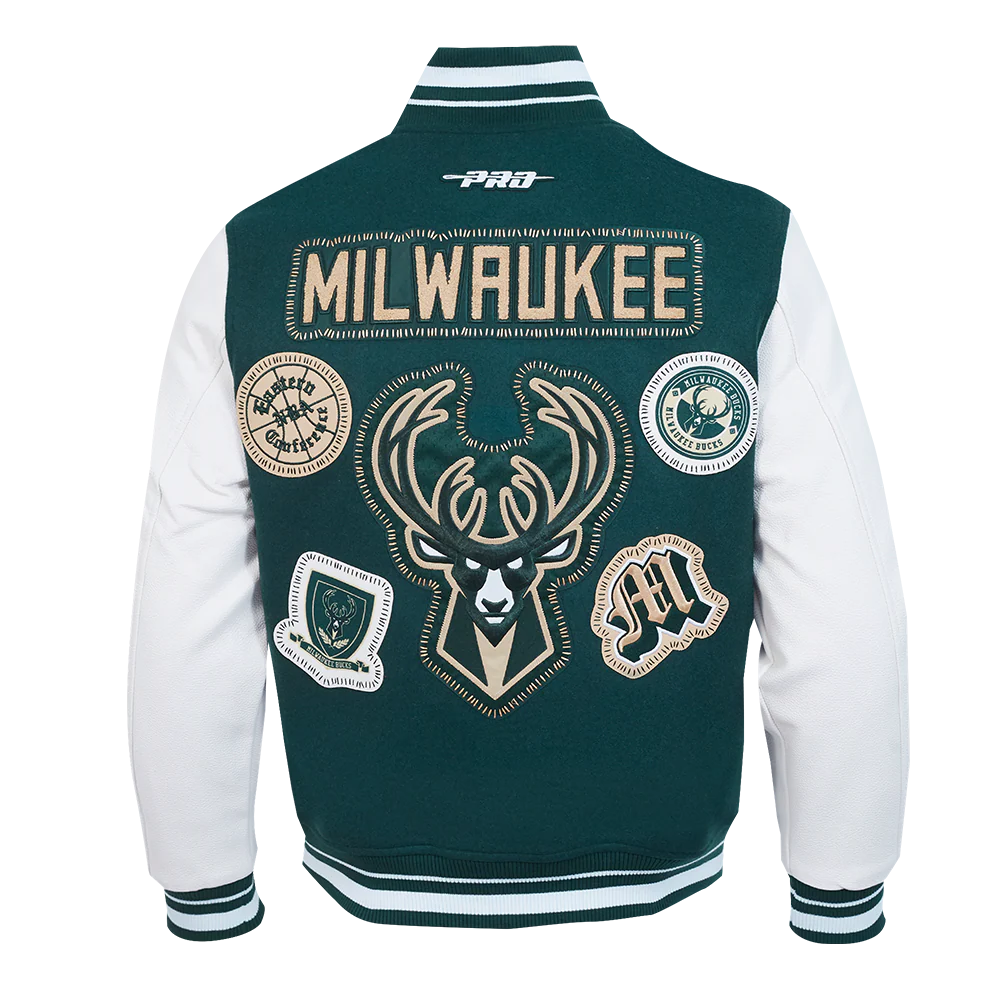NBA MILWAUKEE BUCKS DIY PICK STITCH MEN'S RIB WOOL VARSITY JACKET (FOREST GREEN/WHITE) - Image 3