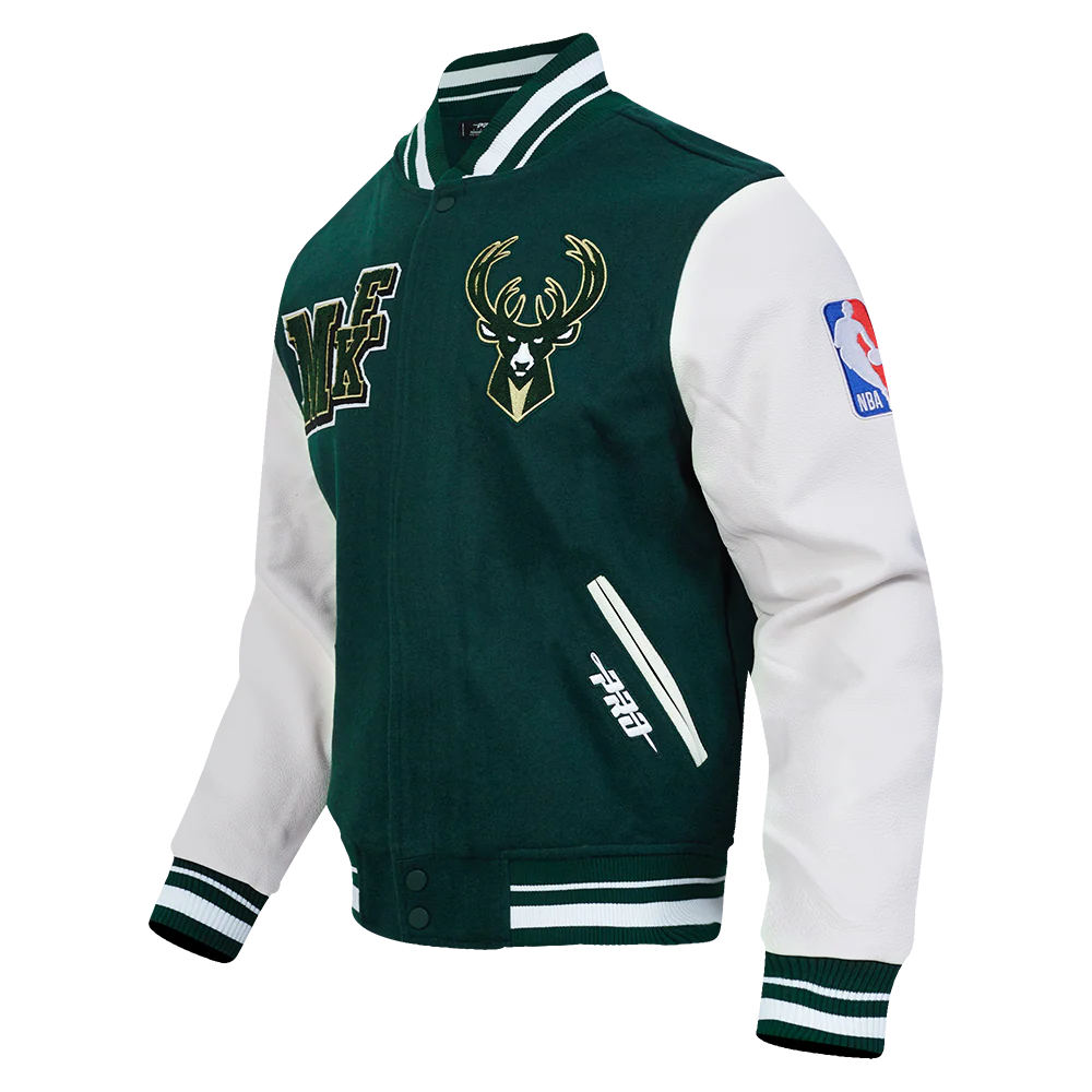 NBA MILWAUKEE BUCKS BEST OF MEN'S RIB WOOL VARSITY JACKET (FOREST GREEN/WHITE) - Image 3