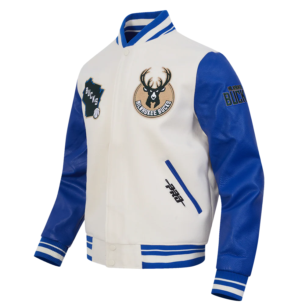 NBA MILWAUKEE BUCKS CITY EDITION 25-26 MEN'S RIB WOOL VARSITY JACKET (EGGSHELL/ROYAL BLUE) - Image 2