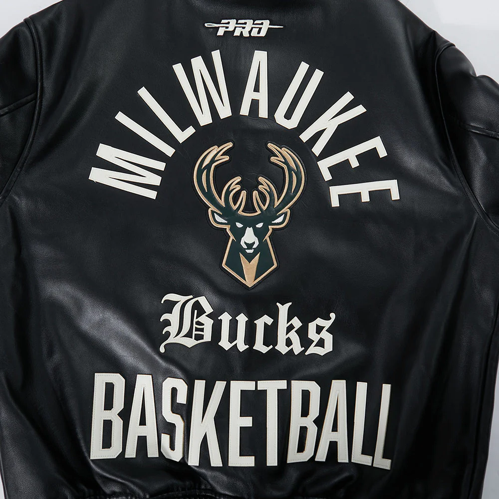 NBA MILWAUKEE BUCKS MODERN ORIGINALS MEN'S LEATHER VARSITY JACKET (JET BLACK) - Image 9