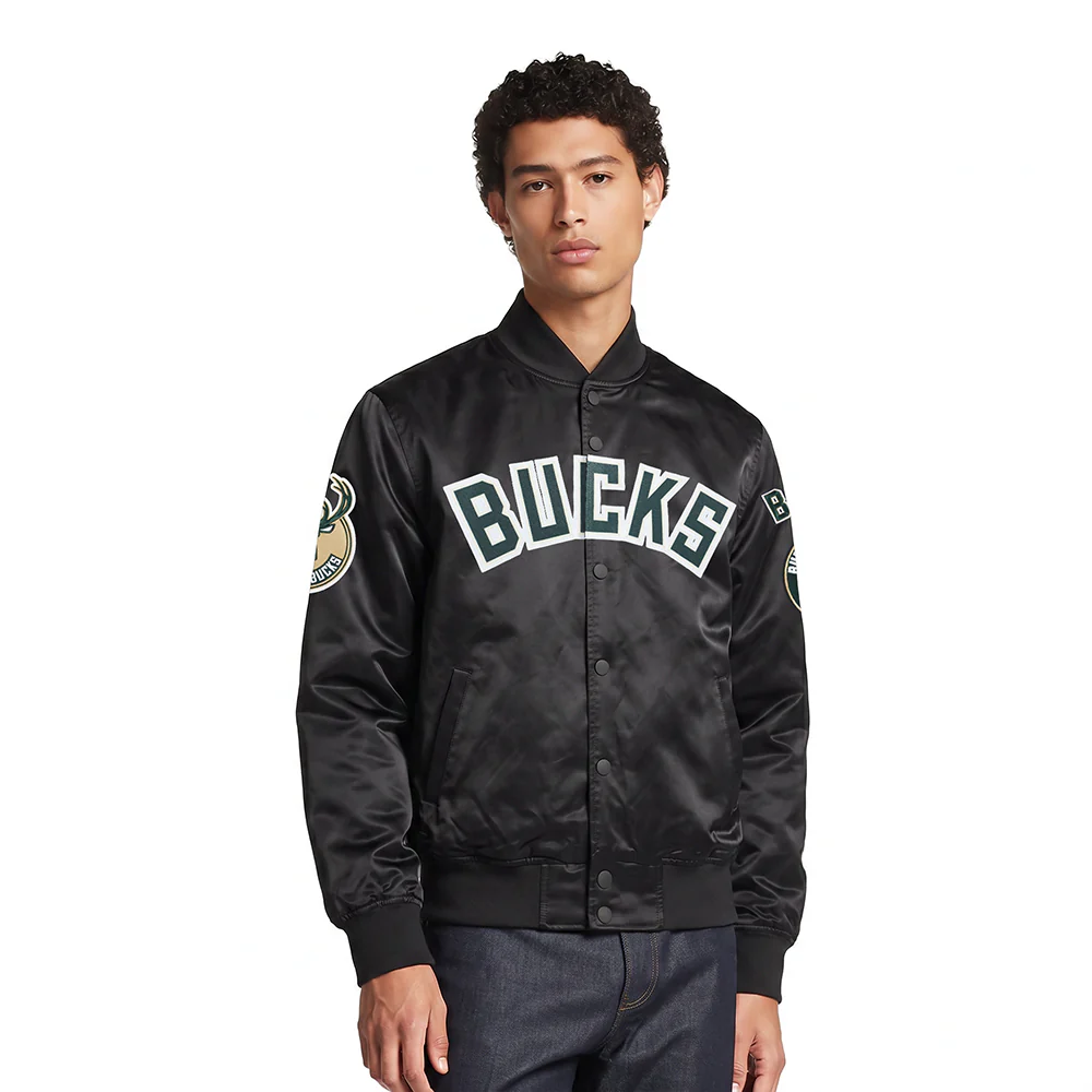 NBA MILWAUKEE BUCKS BIG LOGO MEN'S SATIN JACKET (BLACK)