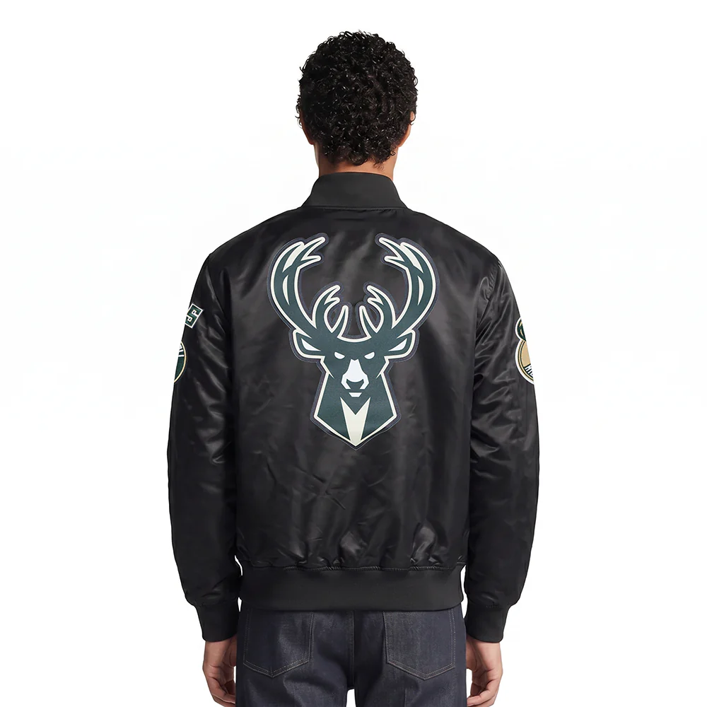 NBA MILWAUKEE BUCKS BIG LOGO MEN'S SATIN JACKET (BLACK) - Image 2