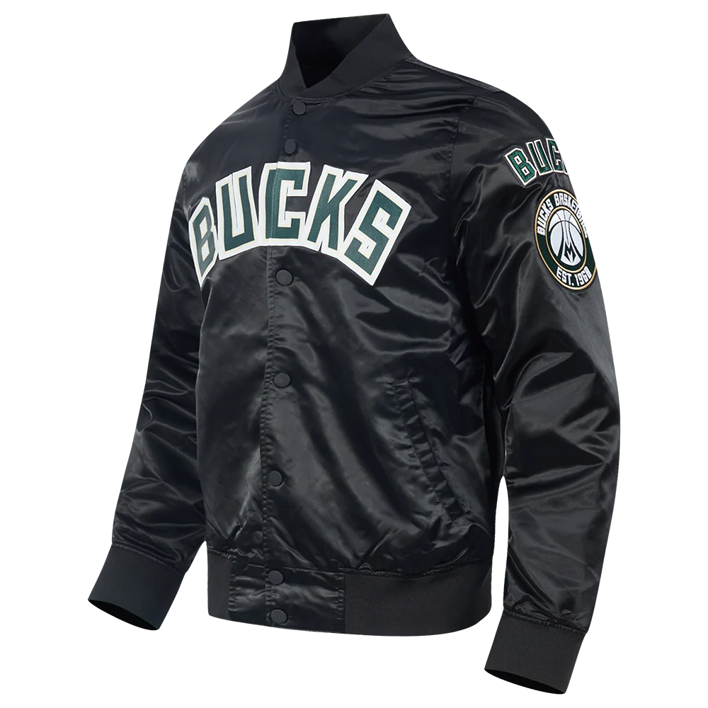 NBA MILWAUKEE BUCKS BIG LOGO MEN'S SATIN JACKET (BLACK) - Image 4