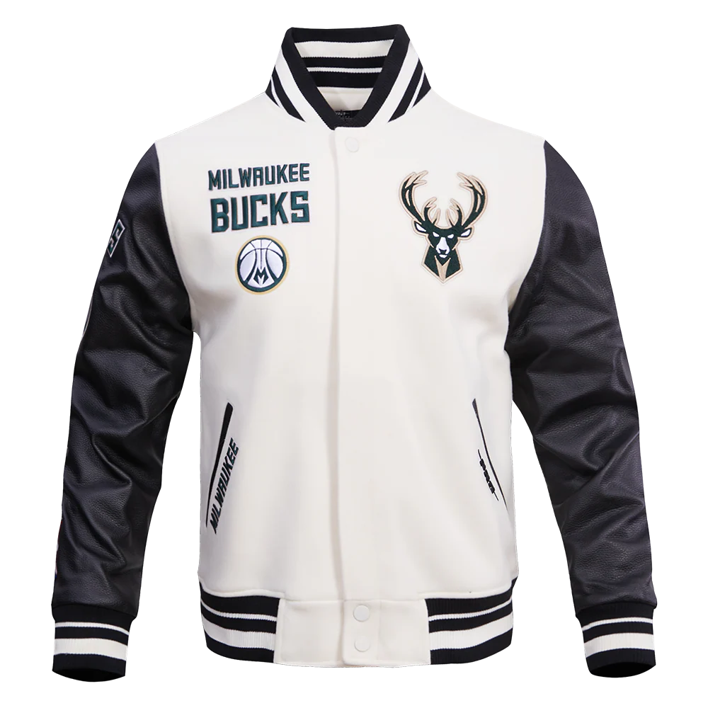 NBA MILWAUKEE BUCKS RETRO CLASSIC MEN'S RIB WOOL VARSITY JACKET (EGGSHELL/BLACK)