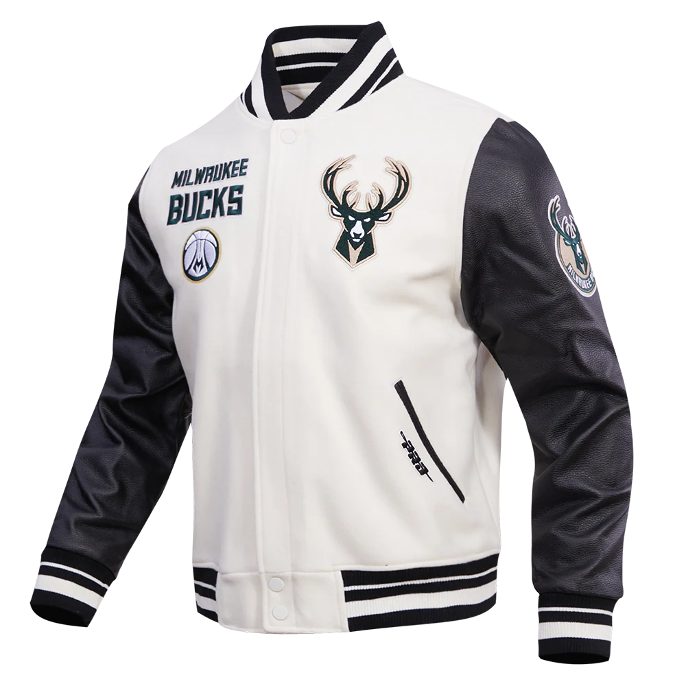 NBA MILWAUKEE BUCKS RETRO CLASSIC MEN'S RIB WOOL VARSITY JACKET (EGGSHELL/BLACK) - Image 2