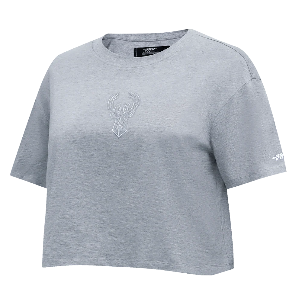 NBA MILWAUKEE BUCKS REVERSE FRENCH TERRY WOMEN'S SINGLE JERSEY BOXY TEE (DARK HEATHER GRAY) - Image 2