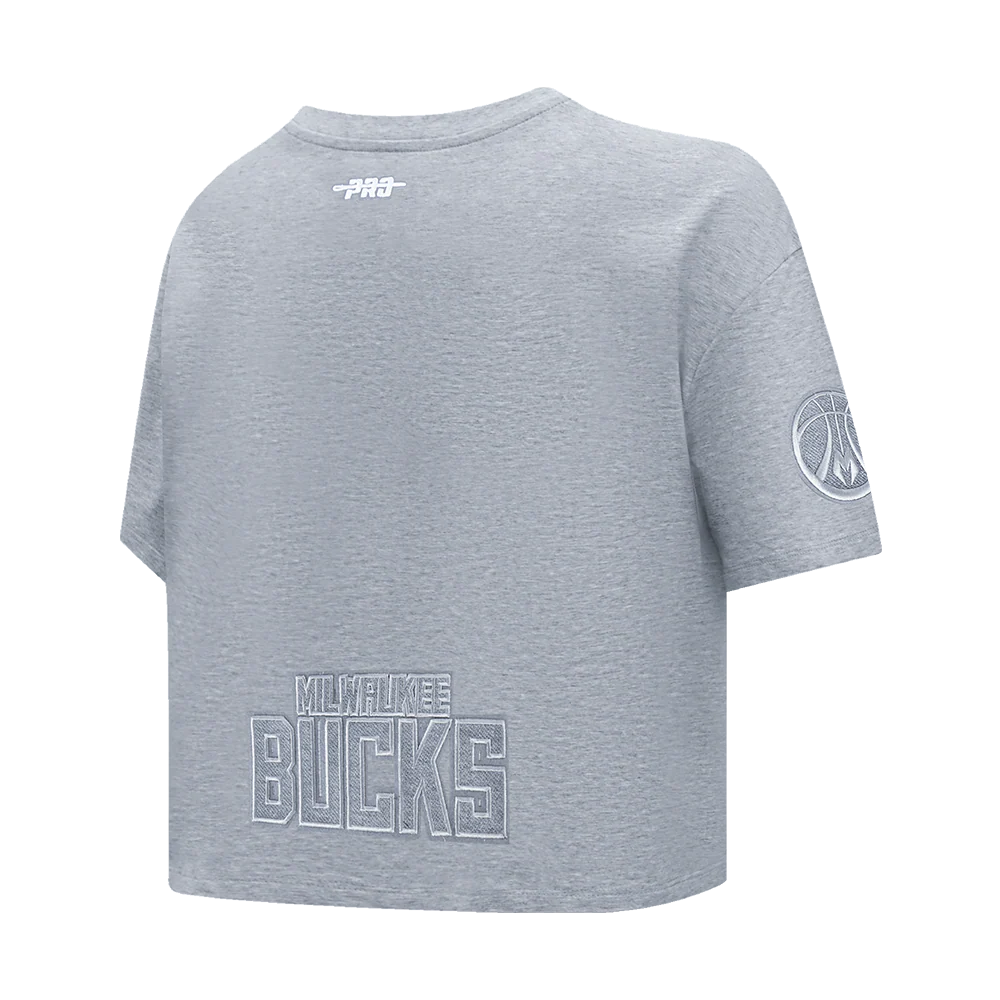 NBA MILWAUKEE BUCKS REVERSE FRENCH TERRY WOMEN'S SINGLE JERSEY BOXY TEE (DARK HEATHER GRAY) - Image 4