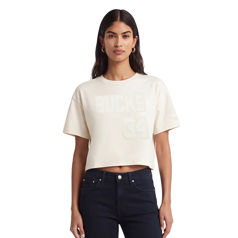 NBA MILWAUKEE BUCKS GIANNIS ANTETOKOUNMPO #34 NEUTRAL PNN WOMEN'S SJ BOXY TEE (EGGSHELL)