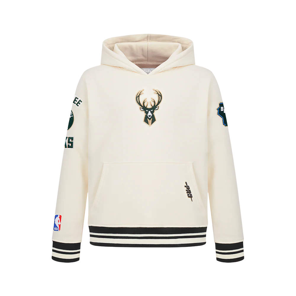 NBA MILWAUKEE BUCKS RETRO CLASSIC BIG BOY'S RIB FLC PO HOODIE (EGGSHELL/ BLACK)