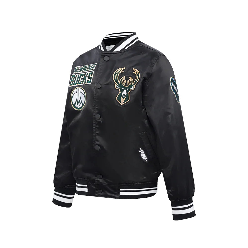 NBA MILWAUKEE BUCKS RETRO CLASSIC BIG BOY'S RIB SATIN JACKET (BLACK) - Image 2