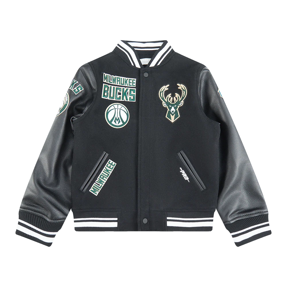 NBA MILWAUKEE BUCKS RETRO CLASSIC BIG BOYS RIB WOOL VARSITY JACKET (BLACK)