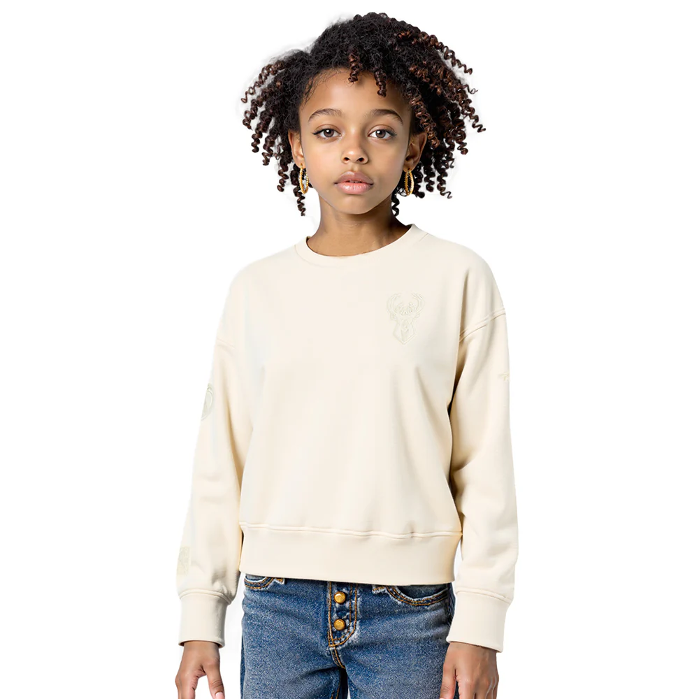 NBA MILWAUKEE BUCKS NEUTRAL BIG GIRLS  FLEECE CREWNECK (EGGSHELL)