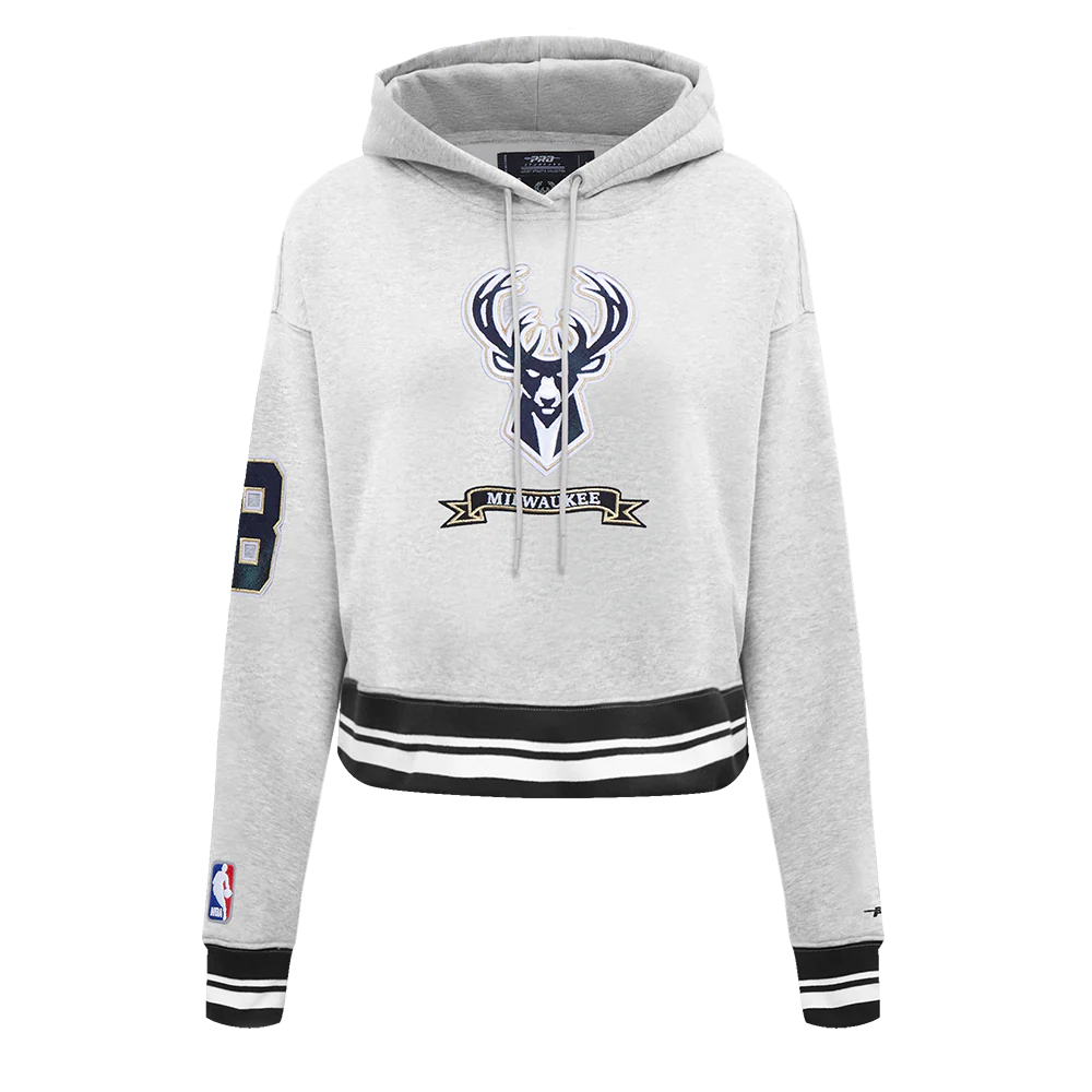 NBA MILWAUKEE BUCKS PRO PREP RIB FLEECE WOMEN'S CROPPED PULLOVER HOODIE (HEATHER GRAY/BLACK)