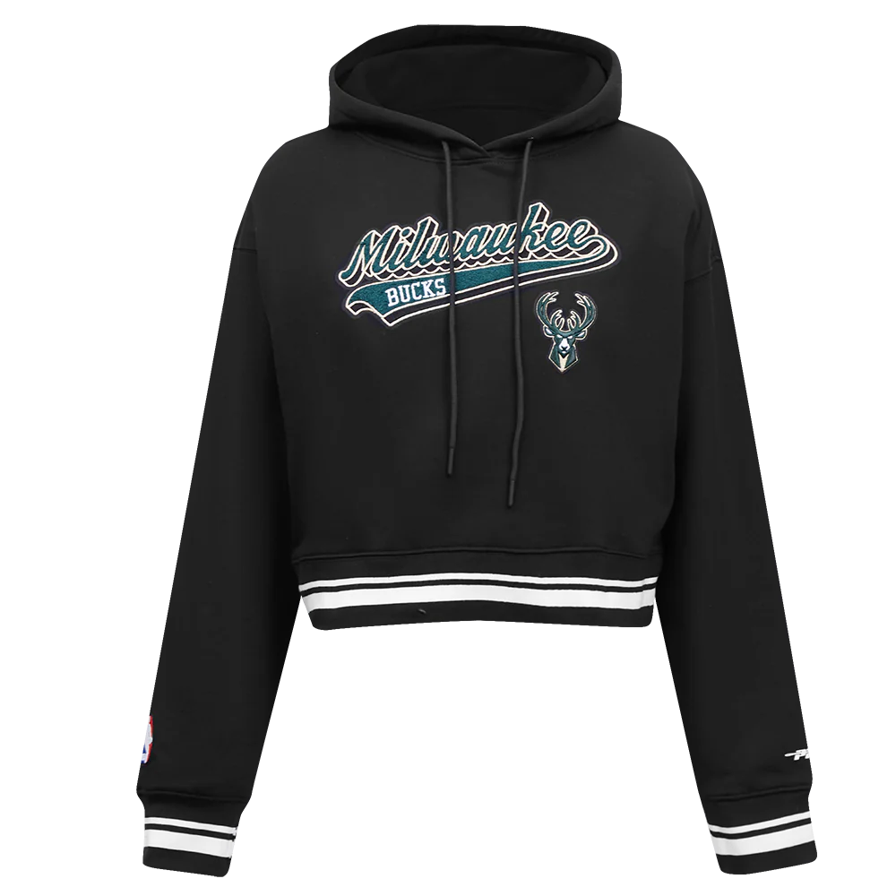 NBA MILWAUKEE BUCKS SCRIPT TAIL WOMEN'S RIB FLEECE CROPPED PULLOVER HOODIE (BLACK)