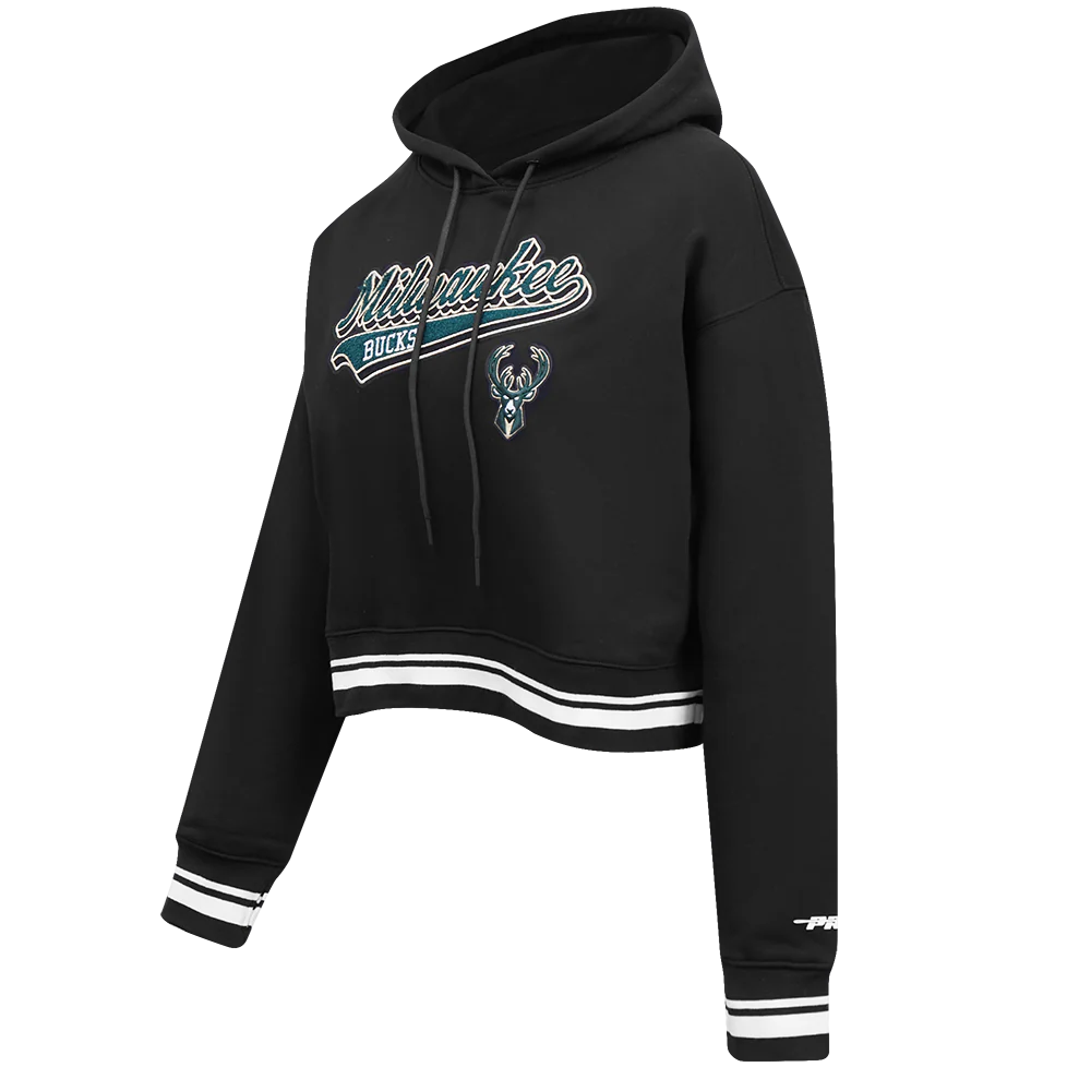 NBA MILWAUKEE BUCKS SCRIPT TAIL WOMEN'S RIB FLEECE CROPPED PULLOVER HOODIE (BLACK) - Image 2