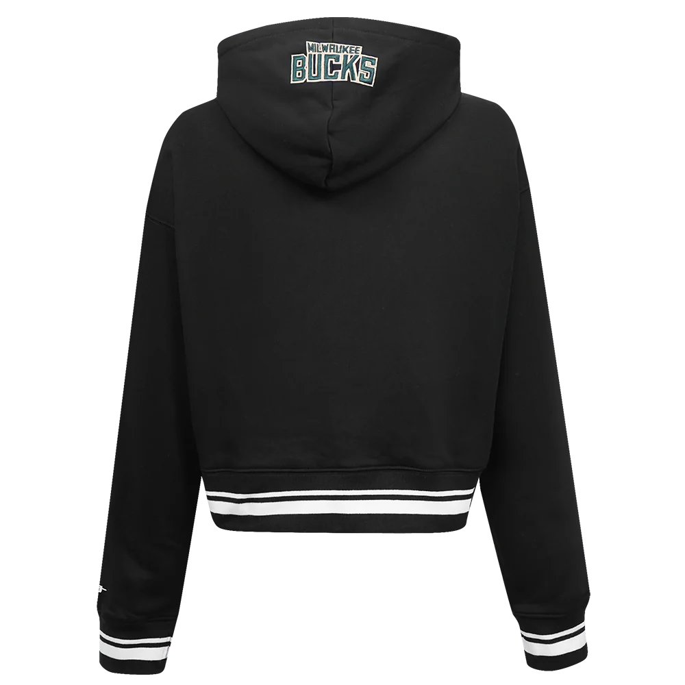 NBA MILWAUKEE BUCKS SCRIPT TAIL WOMEN'S RIB FLEECE CROPPED PULLOVER HOODIE (BLACK) - Image 3