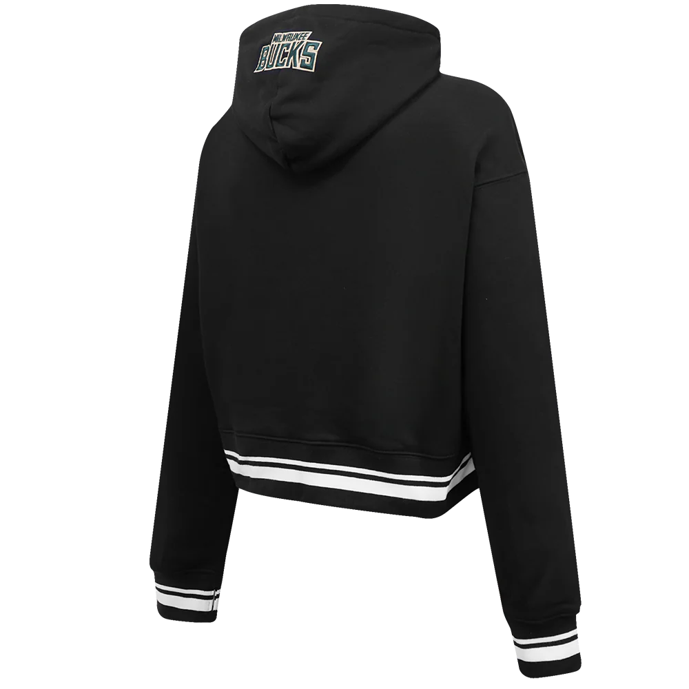 NBA MILWAUKEE BUCKS SCRIPT TAIL WOMEN'S RIB FLEECE CROPPED PULLOVER HOODIE (BLACK) - Image 4