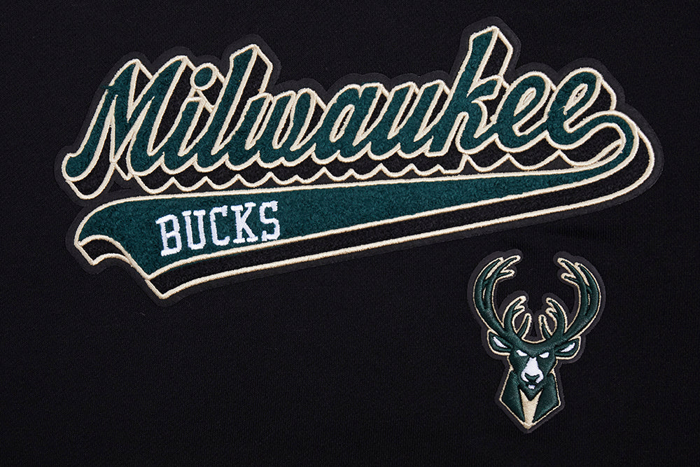 NBA MILWAUKEE BUCKS SCRIPT TAIL WOMEN'S RIB FLEECE CROPPED PULLOVER HOODIE (BLACK) - Image 5