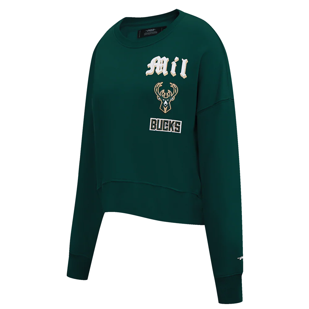 NBA MILWAUKEE BUCKS OLD ENGLISH WOMEN'S FLC CREWNECK (FOREST GREEN) - Image 2