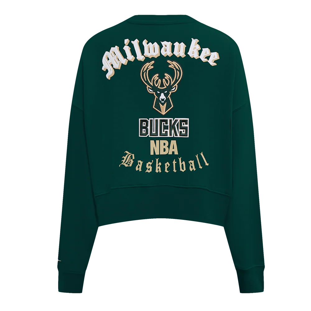 NBA MILWAUKEE BUCKS OLD ENGLISH WOMEN'S FLC CREWNECK (FOREST GREEN) - Image 3