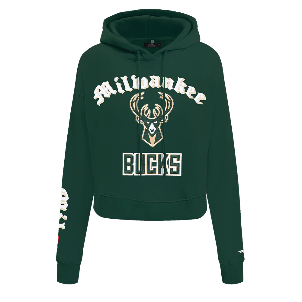 NBA MILWAUKEE BUCKS OLD ENGLISH WOMEN'S FLC CROPPED PO HOODIE (FOREST GREEN)