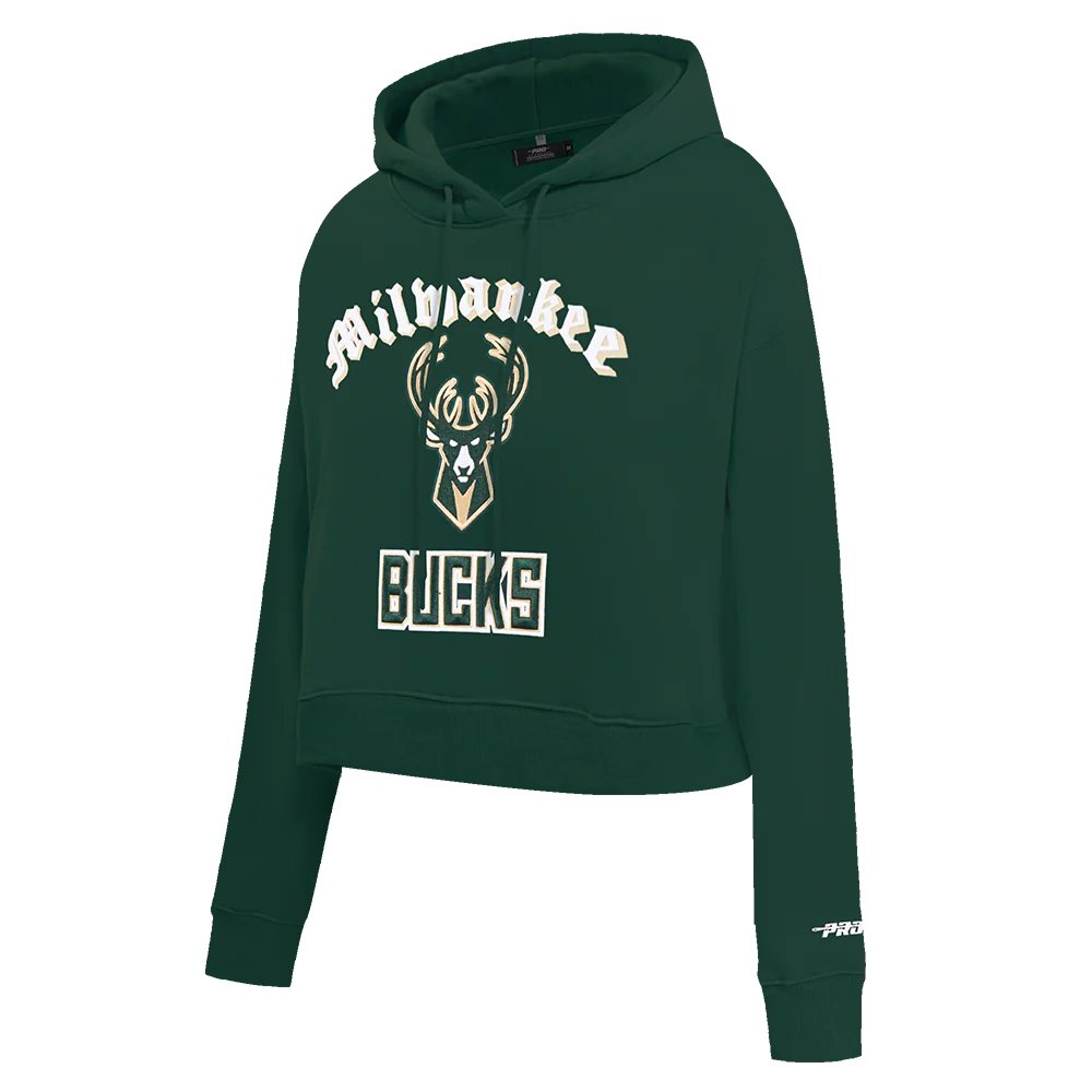 NBA MILWAUKEE BUCKS OLD ENGLISH WOMEN'S FLC CROPPED PO HOODIE (FOREST GREEN) - Image 2