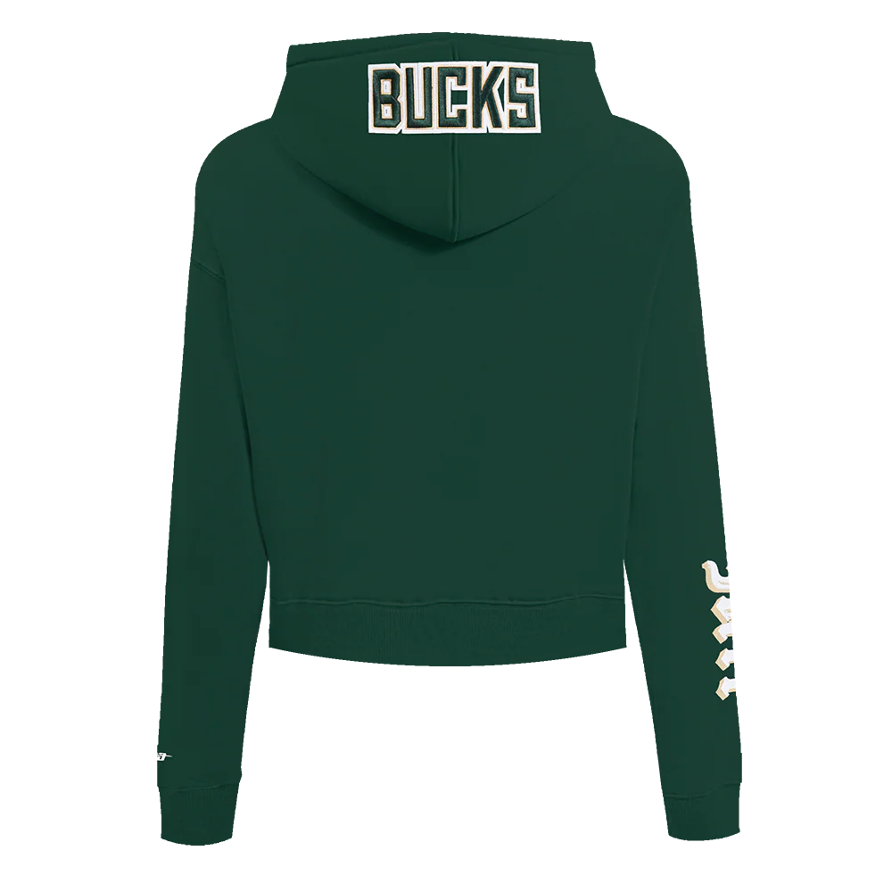 NBA MILWAUKEE BUCKS OLD ENGLISH WOMEN'S FLC CROPPED PO HOODIE (FOREST GREEN) - Image 3