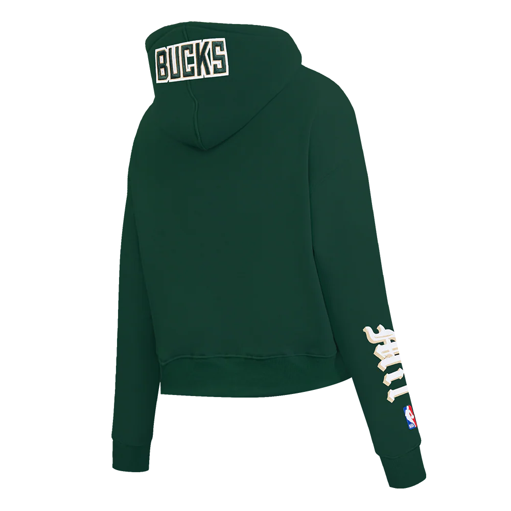 NBA MILWAUKEE BUCKS OLD ENGLISH WOMEN'S FLC CROPPED PO HOODIE (FOREST GREEN) - Image 4