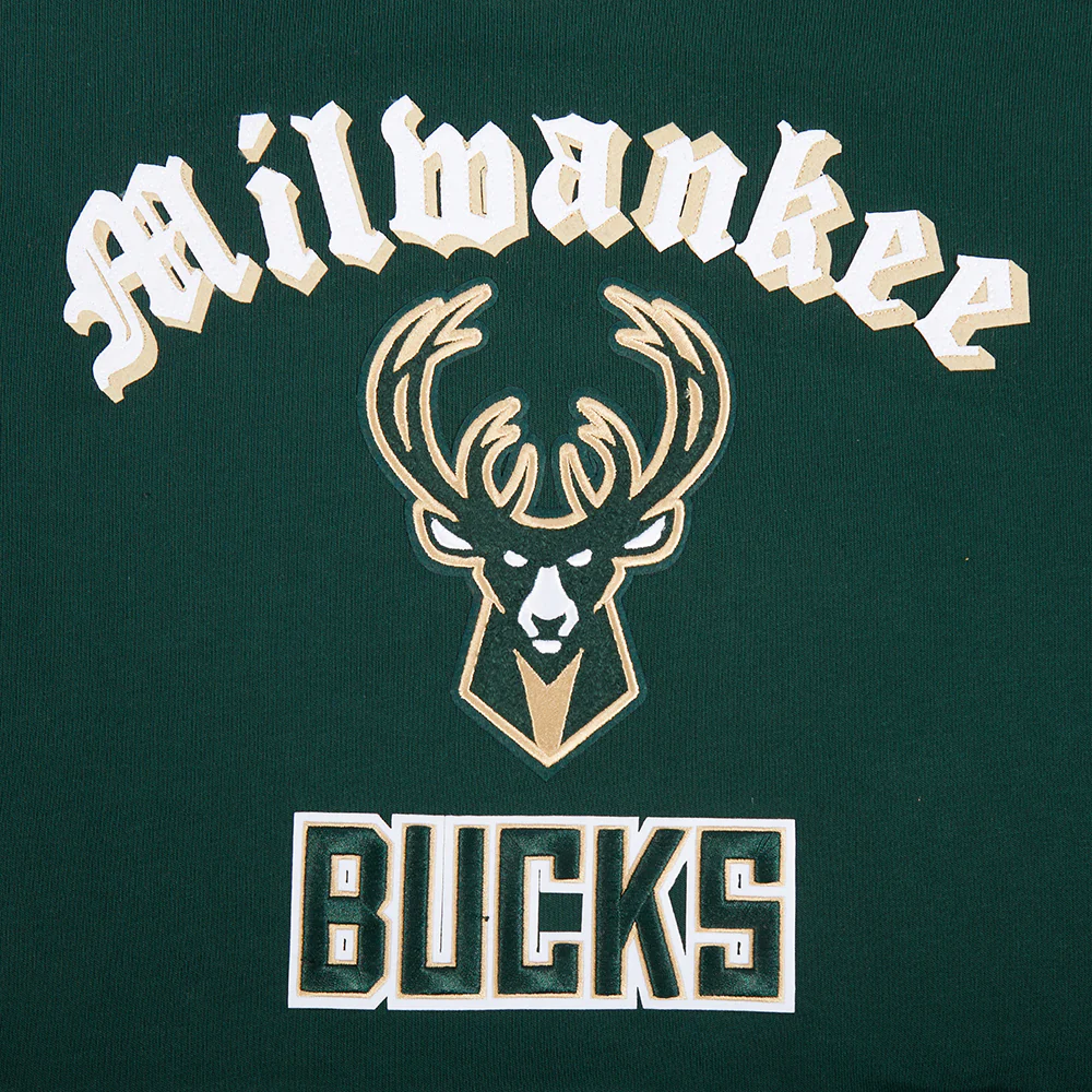 NBA MILWAUKEE BUCKS OLD ENGLISH WOMEN'S FLC CROPPED PO HOODIE (FOREST GREEN) - Image 7