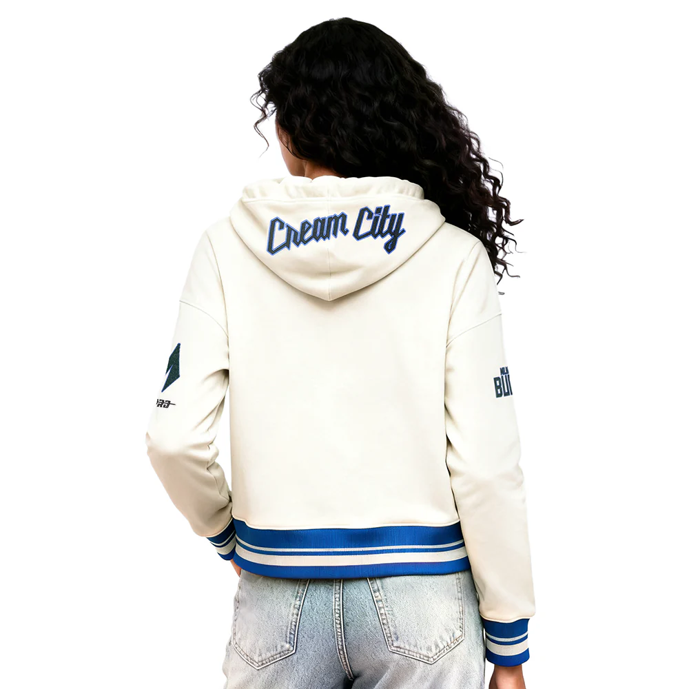 NBA MILWAUKEE BUCKS CITY EDITION 25-26 WOMEN'S RIB FLC CROPPED PO HOODIE (EGGSHELL/ ROYAL BLUE) - Image 2