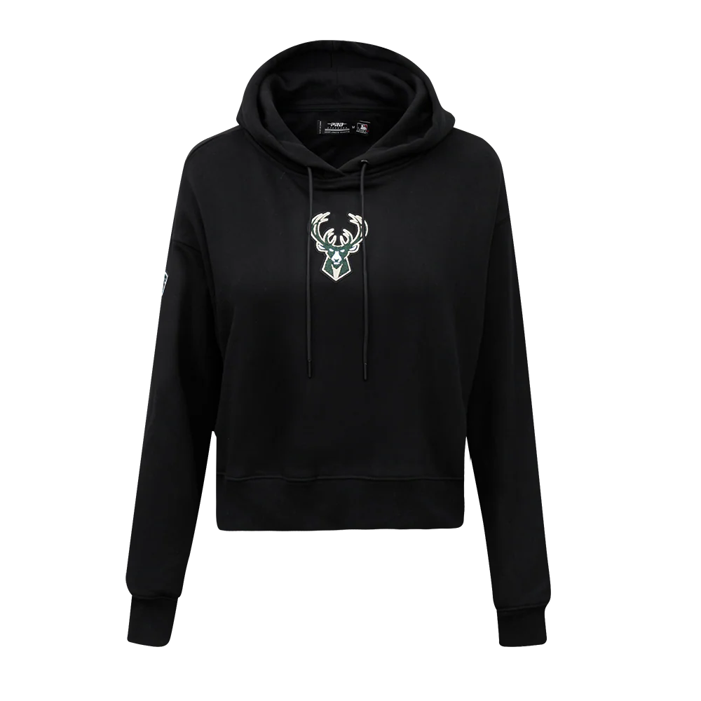 NBA MILWAUKEE BUCKS CLASSIC WOMEN'S CROPPED PULLOVER HOODIE (BLACK)