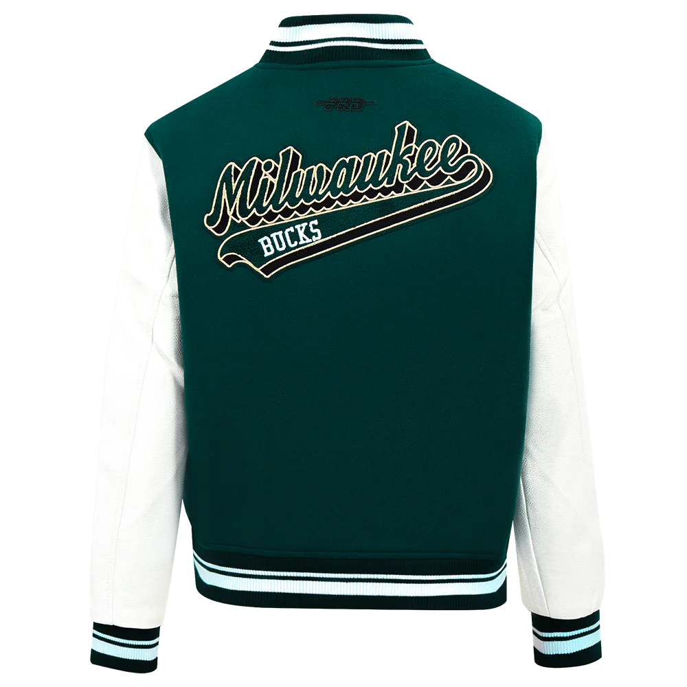 NBA MILWAUKEE BUCKS SCRIPT TAIL WOMEN'S WOOL VARSITY JACKET (FOREST GREEN/WHITE) - Image 4